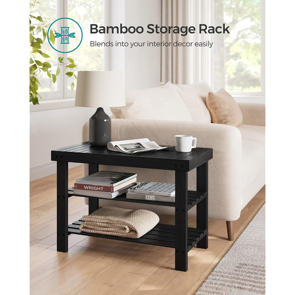 Songmics Shoe Rack Bench, 3-Tier Bamboo Shoe Storage Organizer, Entryway Bench, Holds Up To 286 Lb, 11.3 X 27.6 X 17.8 Inches, For Entryway Bathroom Bedroom, Ink Black Ulbs04H