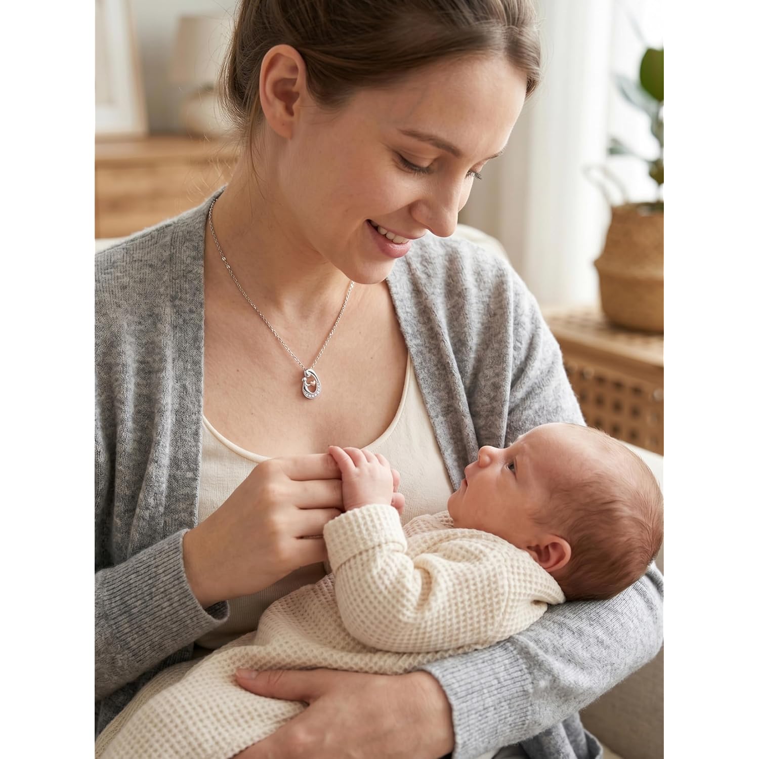 Sereney First Mothers Day Gifts for New Mom Necklace, New Mom Gifts as 1st Mothers Day Necklace for Women, White Gold Plated Hugging Heart Pendant as Hypoallergenic Mother Jewelry for New Mommy