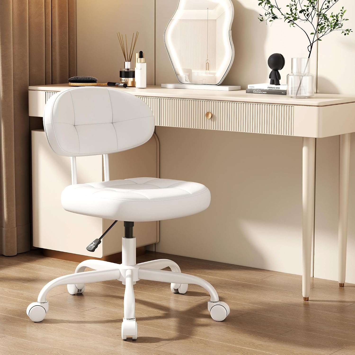 Misolant Vanity Chair With Back, Small Armless Cute Office Chair With Wheels And Lumbar Support, Comfy Pu Leather Desk Computer Chairs With Adjustable Height, 360°Swivel For Home Bedroom Office, White
