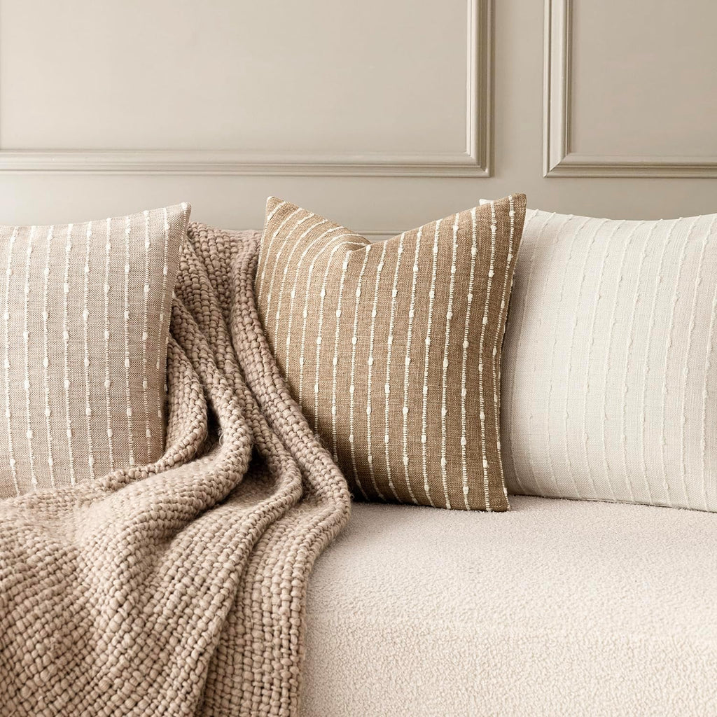 Foindtower Pack Of 2 Decorative Jacquard Boucle Throw Pillow Covers Accent Textured Striped Pillowcases Soft Boho Modern Cushion For Couch Sofa Bedroom Living Room Home Decor 20X20 Inch Natural Beige