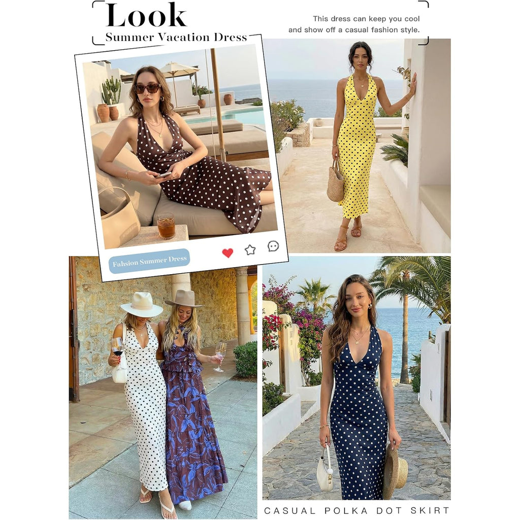 Wenrine Womens Summer Polka Dot Maxi Dress Mesh Wedding Guest Bodycon Sexy V Neck Sleeveless Party Dresses