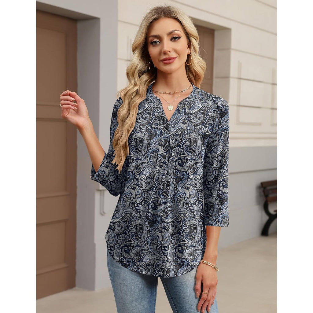 Womens Tops 3/4 Sleeve Botton Down Shirts Casual V Neck Tunic Blouses Pleated Fashion Summer Tees 2026 Trendy S-3XL