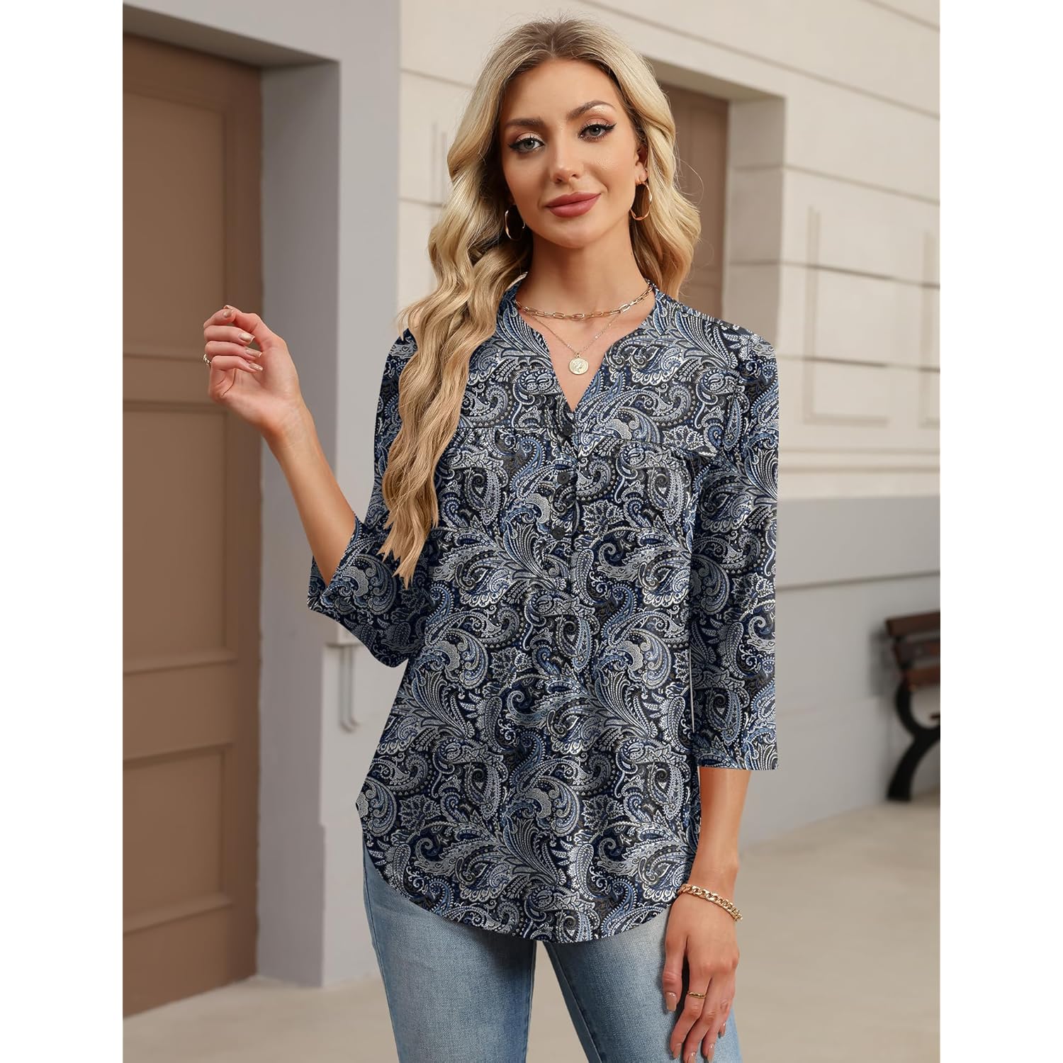 Womens Tops 3/4 Sleeve Botton Down Shirts Casual V Neck Tunic Blouses Pleated Fashion Summer Tees 2026 Trendy S-3XL