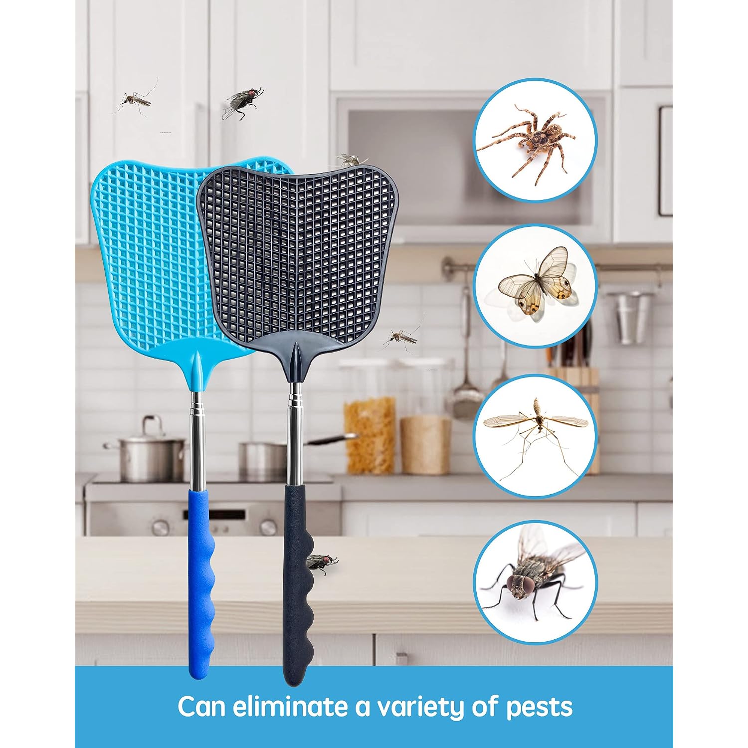 Cuncui Fly Swatter Set Of 2, Telescopic Fly Swatters-Black & Blue | Cuncui Fly Swatter 2 Pack, Durable Telescopic Stainless Steel Extendable Handles, For Home And Office, 2Pcs, 2 Colors