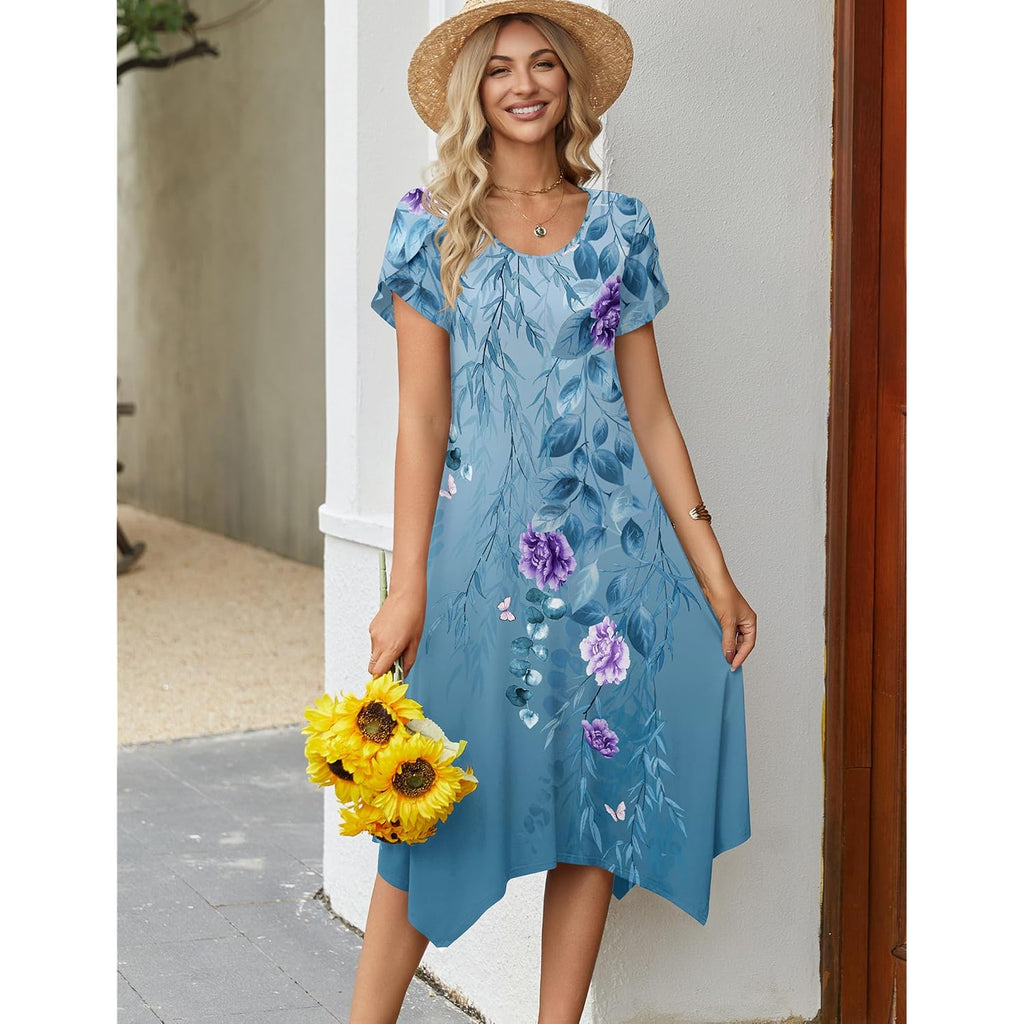 Zeagoo Womens Casual Dress For Summer Short Sleeve Loose Flowy Beach Dress With Pockets Hankerchief Flare Midi Sundress 2026