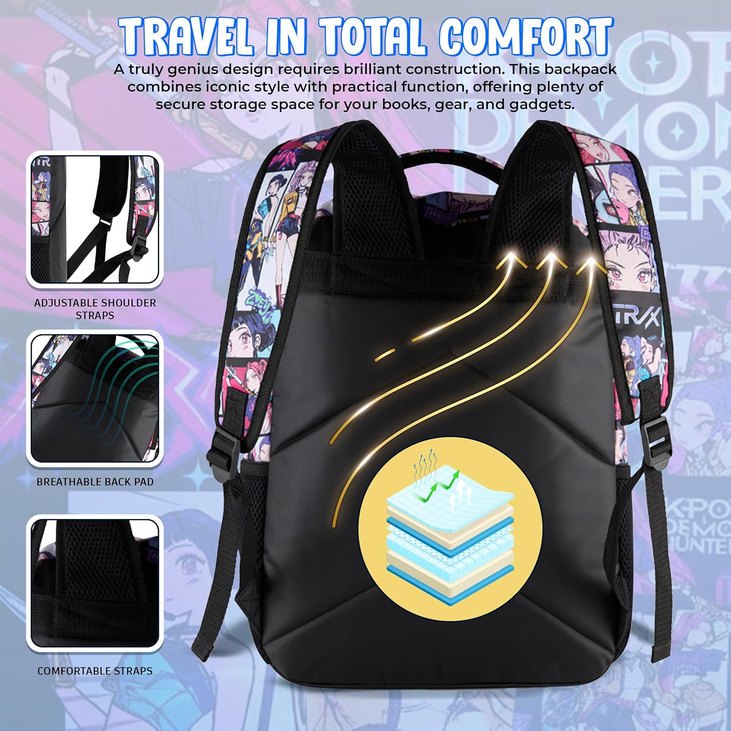 Ai Accessory Innovations K-Pop Demon Hunters Huntrix 16” Backpack For Girls, Featuring An Aop Of Rumi, Zoey, Mira, Allover Print