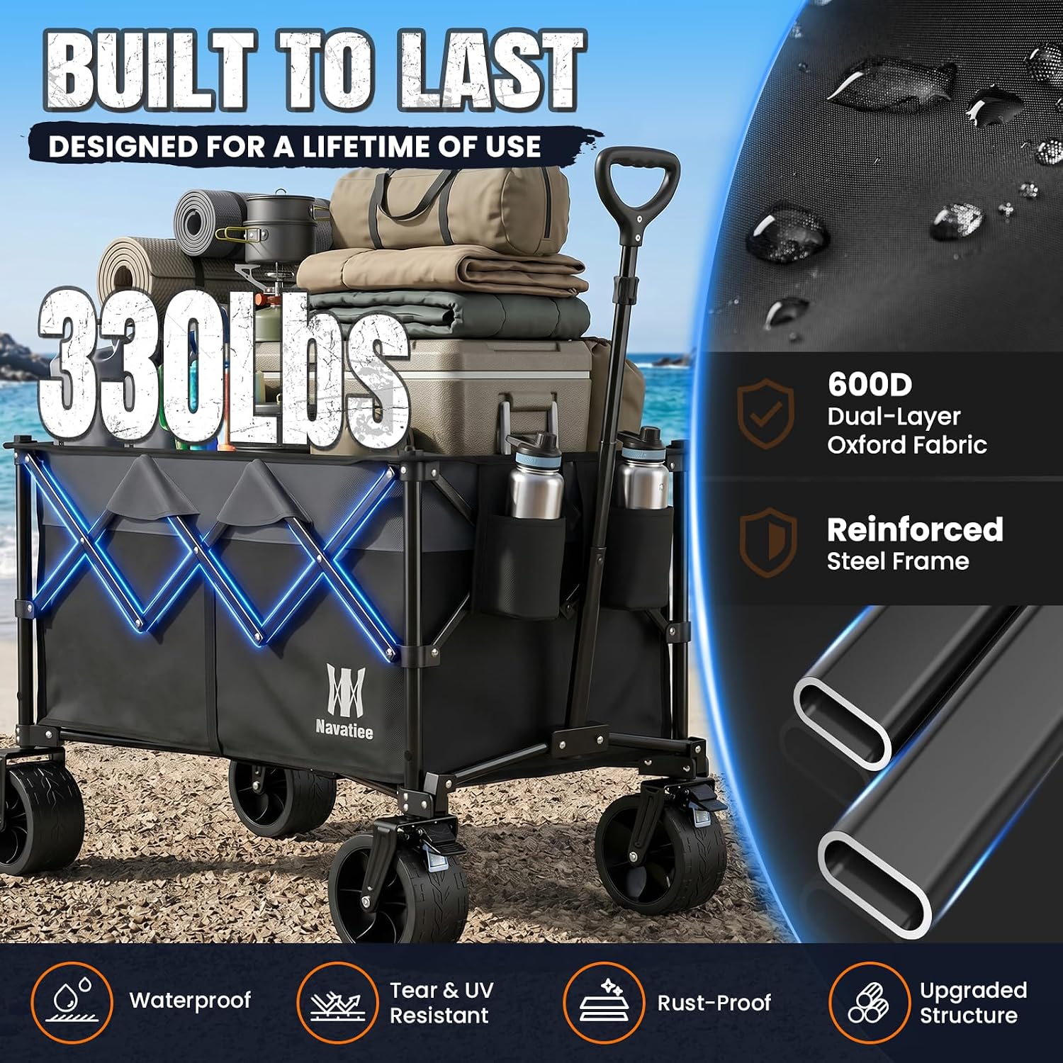 330Lbs Collapsible Folding Wagon, Beach Wagon Cart Heavy Duty Foldable With Big Wheels, Utility Grocery Wagon With 165L Large Capacity For Camping Garden Sports, Black