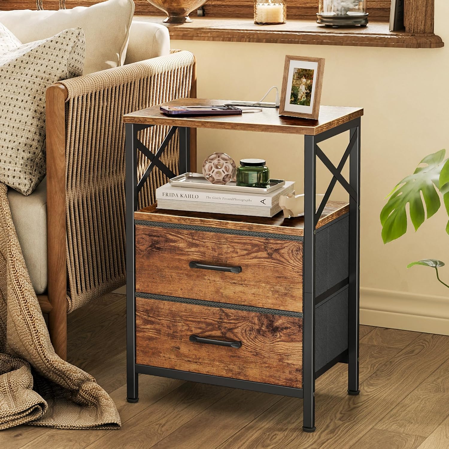 Huuger Nightstands Set Of 2, Night Stand With Charger Station, 2 Drawer Side Table With Open Shelf, Usb-C Port, End Table For Small Spaces, X Shaped Side Rail, Rustic Brown