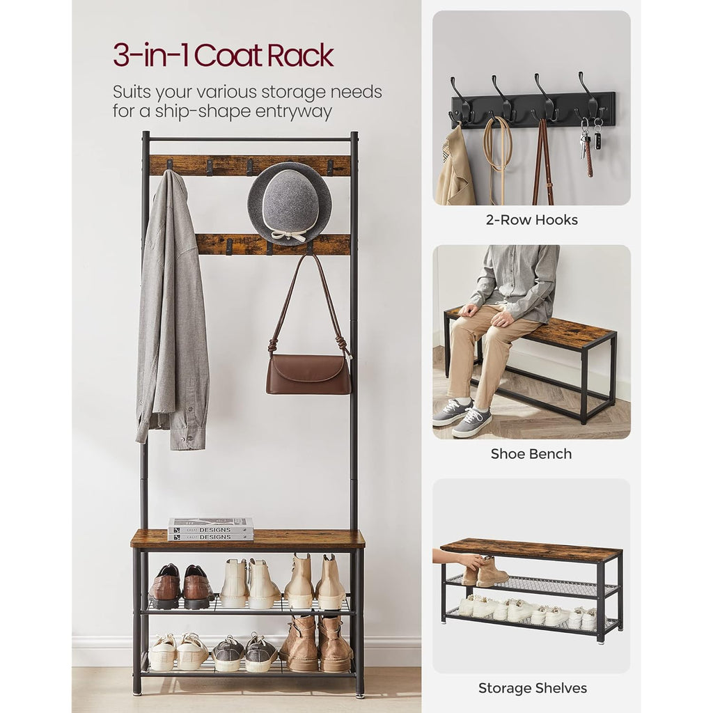 VASAGLE Coat Rack, Hall Tree with Shoe Storage Bench, Entryway Bench with Shoe Storage, 3-in-1, Steel Frame, for Entryway, 12.6 x 27.6 x 68.9 Inches, Industrial, Rustic Brown and Black UHSR41BX