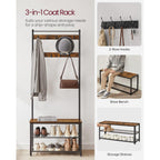 VASAGLE Coat Rack, Hall Tree with Shoe Storage Bench, Entryway Bench with Shoe Storage, 3-in-1, Steel Frame, for Entryway, 12.6 x 27.6 x 68.9 Inches, Industrial, Rustic Brown and Black UHSR41BX