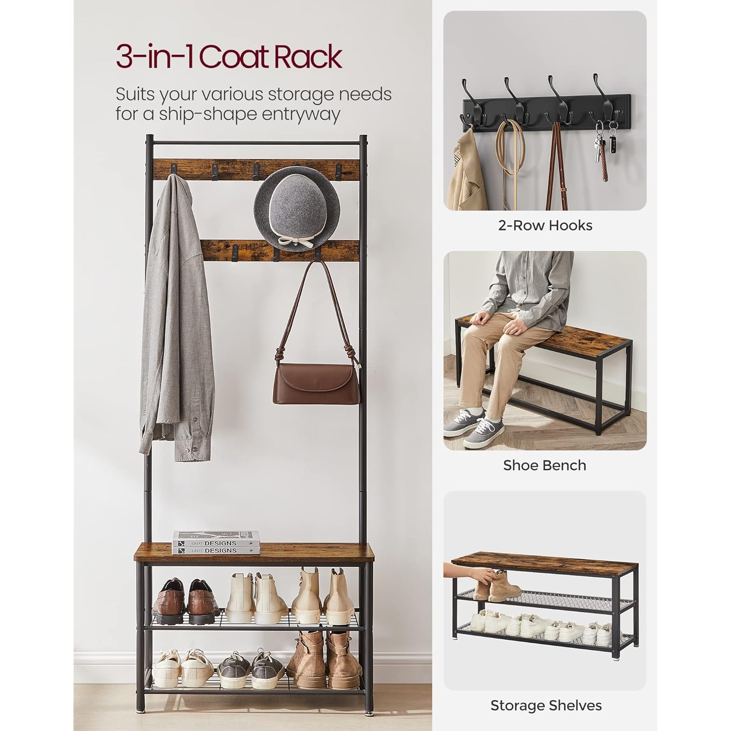 VASAGLE Coat Rack, Hall Tree with Shoe Storage Bench, Entryway Bench with Shoe Storage, 3-in-1, Steel Frame, for Entryway, 12.6 x 27.6 x 68.9 Inches, Industrial, Rustic Brown and Black UHSR41BX