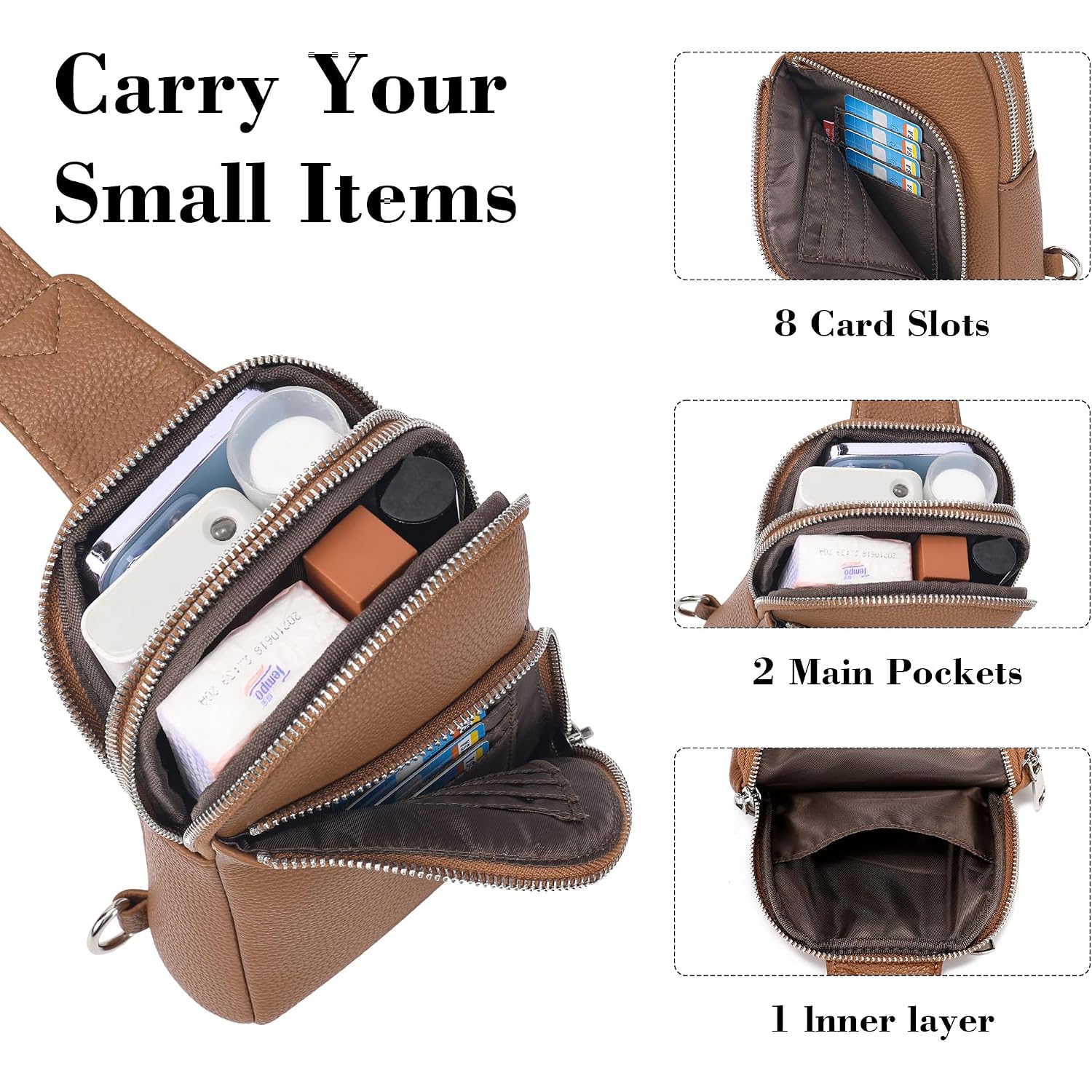 Travel Sling Bag, Anti Theft Crossbody Bag For Women | Rfid Blocking, 8 Card Slots, Back Zippered Pocket, Metal Zippers,Switchable Strap