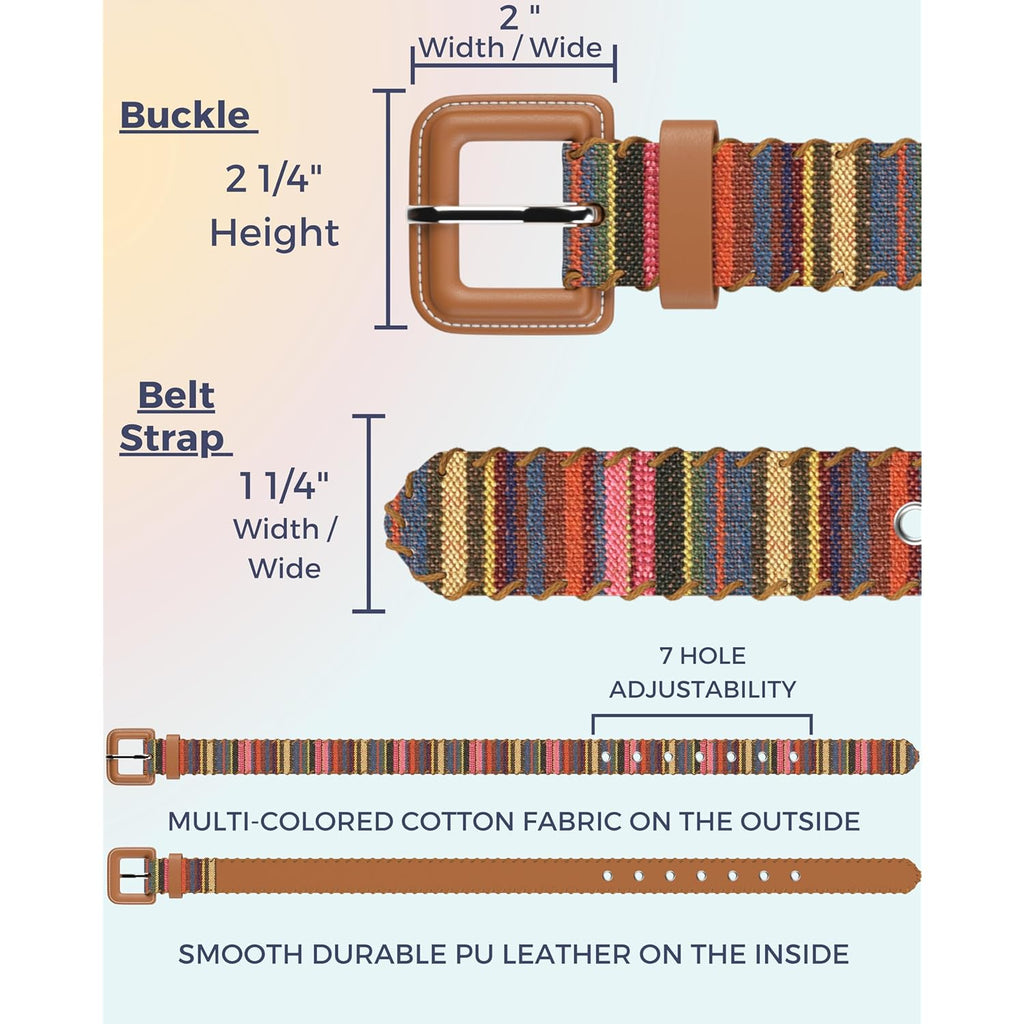 Womens Casual Belts - Multicolor Woven Belt & Brown Vegan Leather Belt