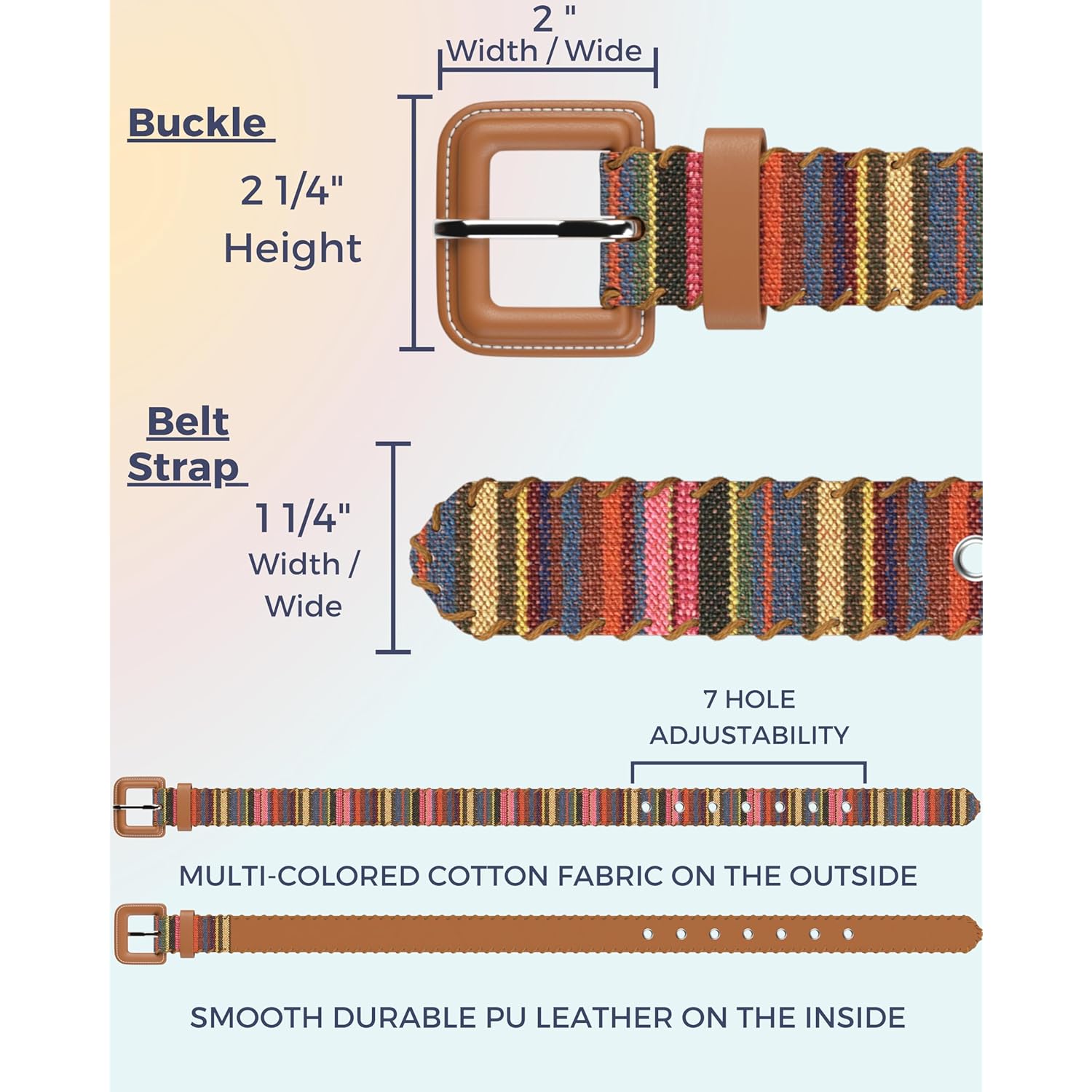 Womens Casual Belts - Multicolor Woven Belt & Brown Vegan Leather Belt
