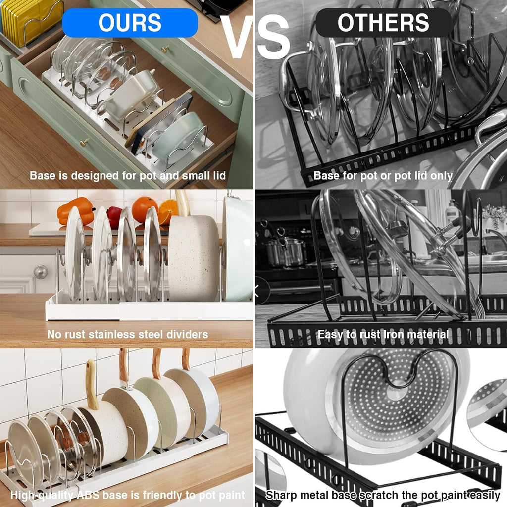 Mustorn 2 Pack Pots And Pans Organizer Under Cabinet, 22" Expandable Food Storage Container Lid Organizers With 9 Adjustable Dividers Pot And Pan Lid Holders Rack Inside Cabinet/Countertop(White)