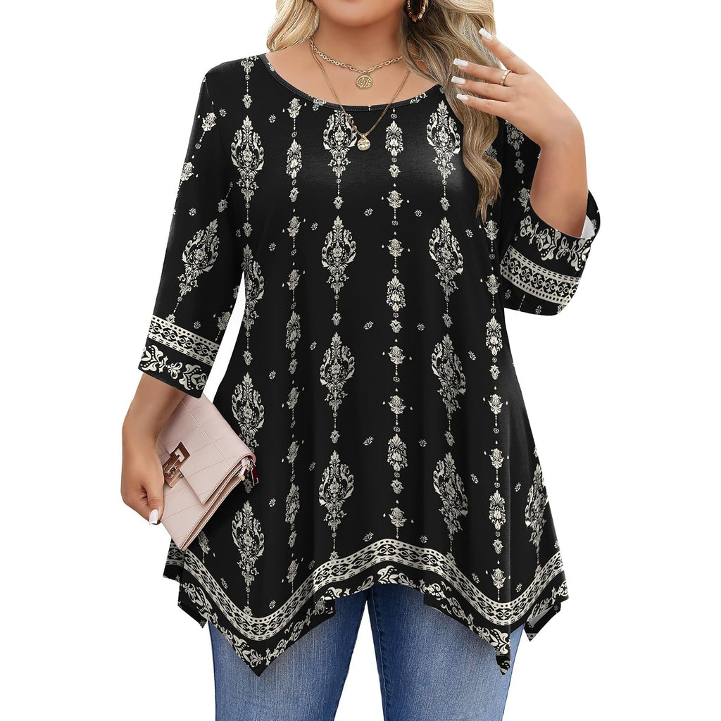 IN'VOLAND Plus Size Tops for Women 3/4 Sleeve Shirts Tunic Tops to Wear with Leggings Loose Fit Summer Fall Clothes