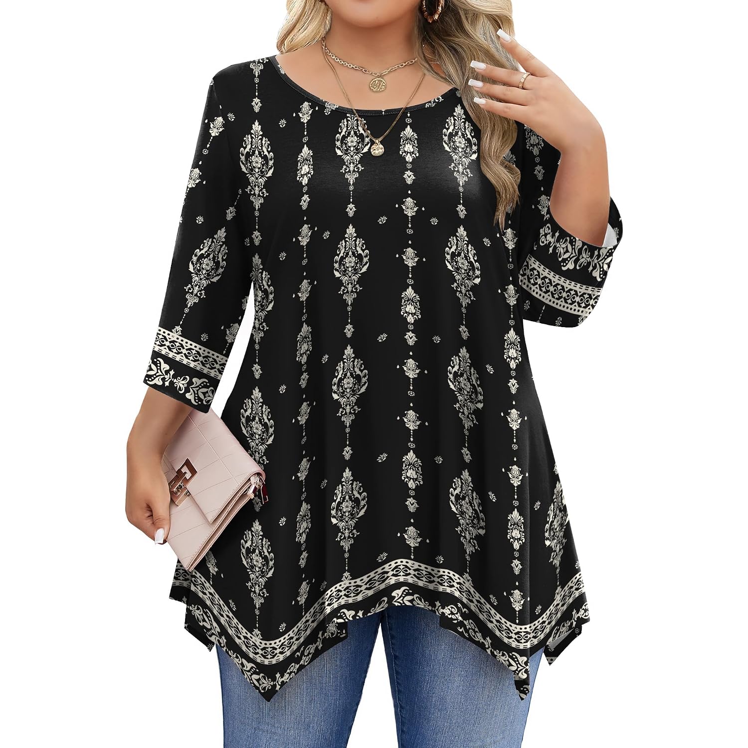 IN'VOLAND Plus Size Tops for Women 3/4 Sleeve Shirts Tunic Tops to Wear with Leggings Loose Fit Summer Fall Clothes
