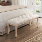 Bedroom Bench, French Vintage Tufted Entryway Bench, 45.2" Carving Upholstered End Of Bed Bench With Distressed Wood Legs, Linen Ottoman Seat For Living Room, Foyer, Dining Room, Beige