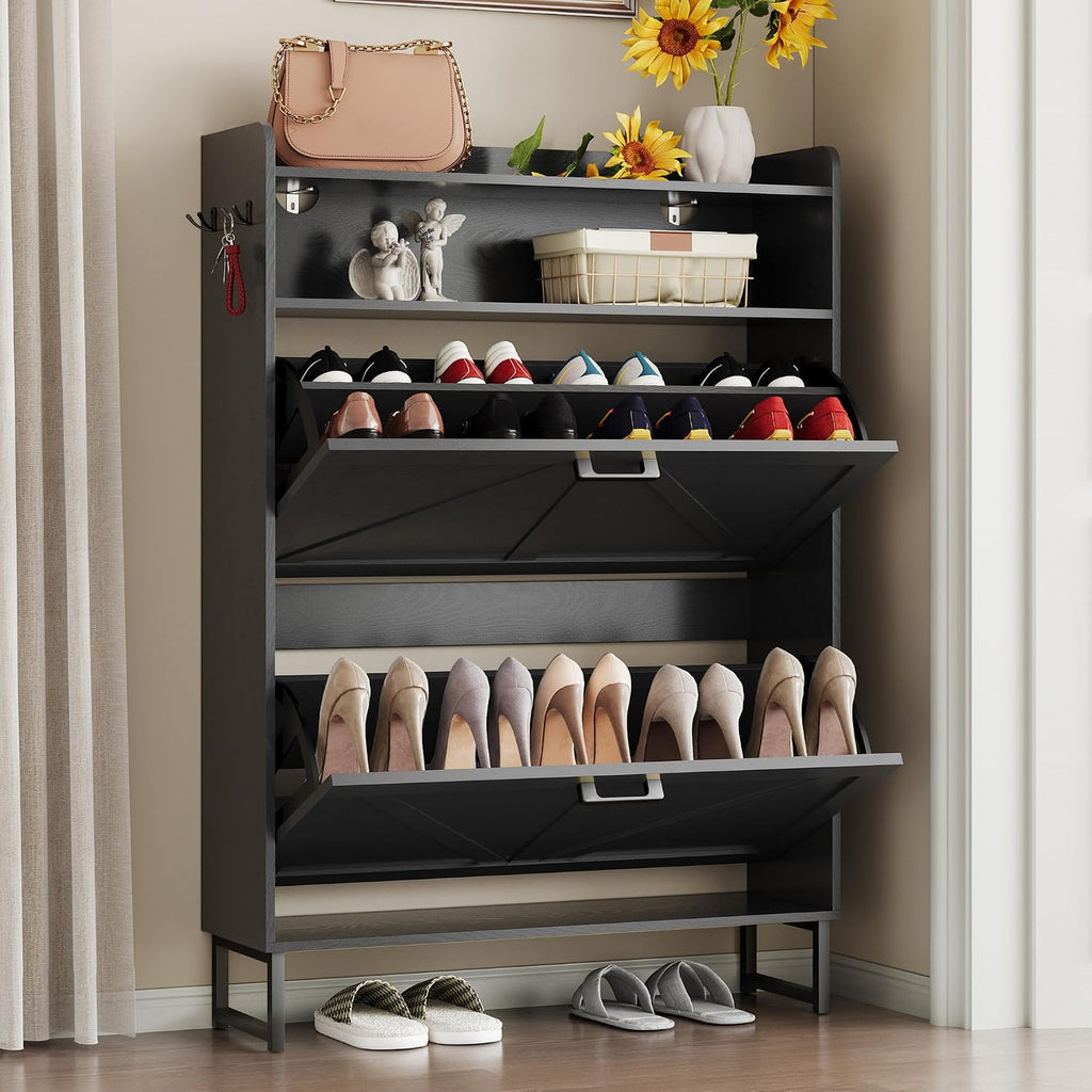 Bornoon Shoe Cabinet With 2 Flip Drawers Narrow Shoe Storage Cabinet Organizer Wooden Freestanding Rack Hidden Slim Storage For Entryway, Hallway, Living Room, Bedroom