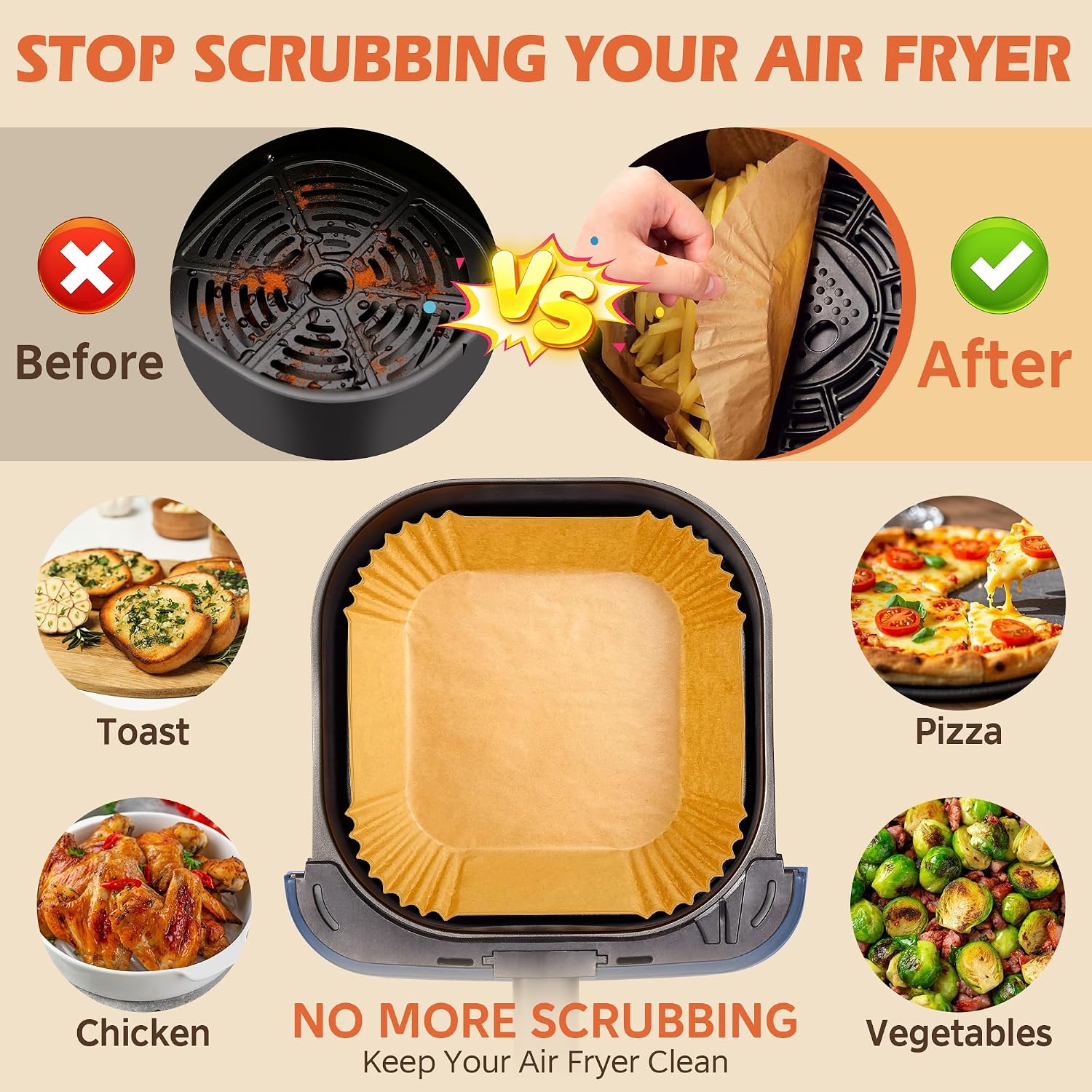 Air Fryer Liners Disposable 125Pcs, 8" Parchment Paper For 5-8Qt, Nonstick | Square Unbleached Airfryer Basket Liners,Oil-Proof, Greaseproof For Baking, Roasting, Microwave, Oven Air Fryer Accessories