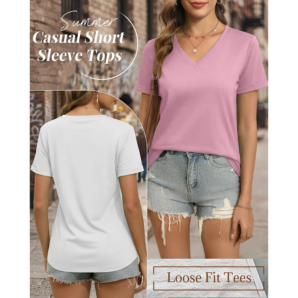 Ficerd 3 Pack Women'S V Neck T Shirts, Summer Casual Short Sleeve Tops Loose Fit Rolled Sleeve Tees Trendy Shirts