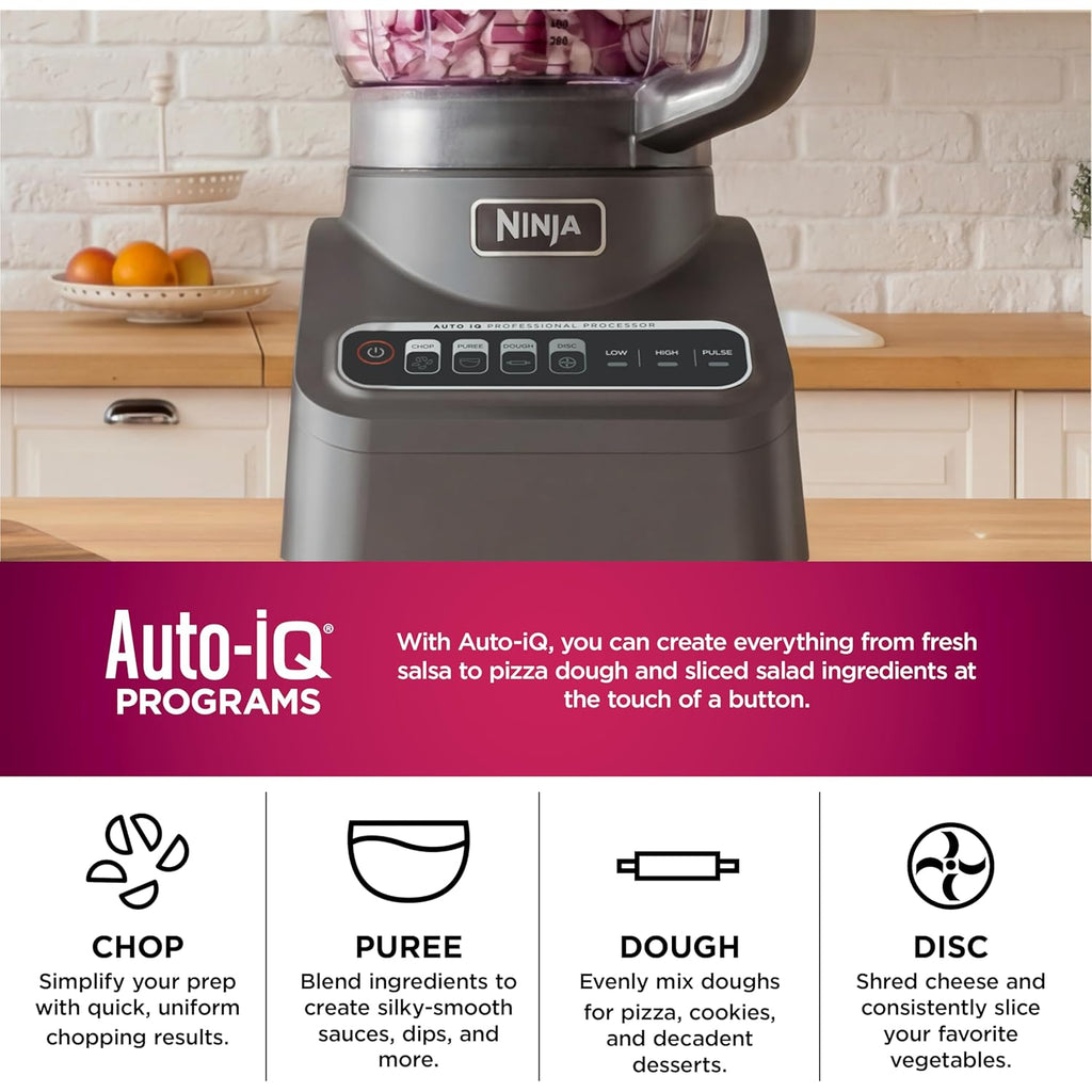 Ninja Food Processor, Professional Plus, 1000 Peak Watts, 4 Functions for Chopping, Slicing, Purees & Dough with 9-Cup Processor Bowl, 3 Blades, Food Chute & Pusher, Grey, BN601