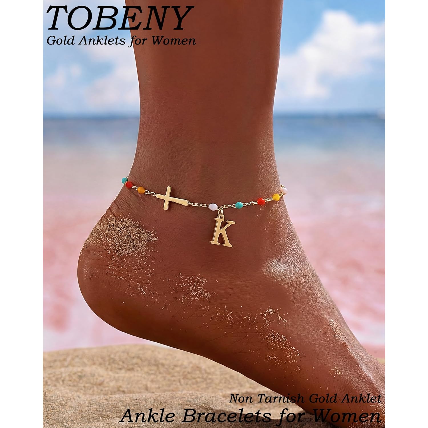 TOBENY Ankle Bracelets for Women Waterproof 14K Gold Plated A-Z Initial Cross Anklet Colorful Hypoallergenic Letter Anklets for Women Non Tarnish Summer Beach Jewelry Gift for Daughter Mom Sister