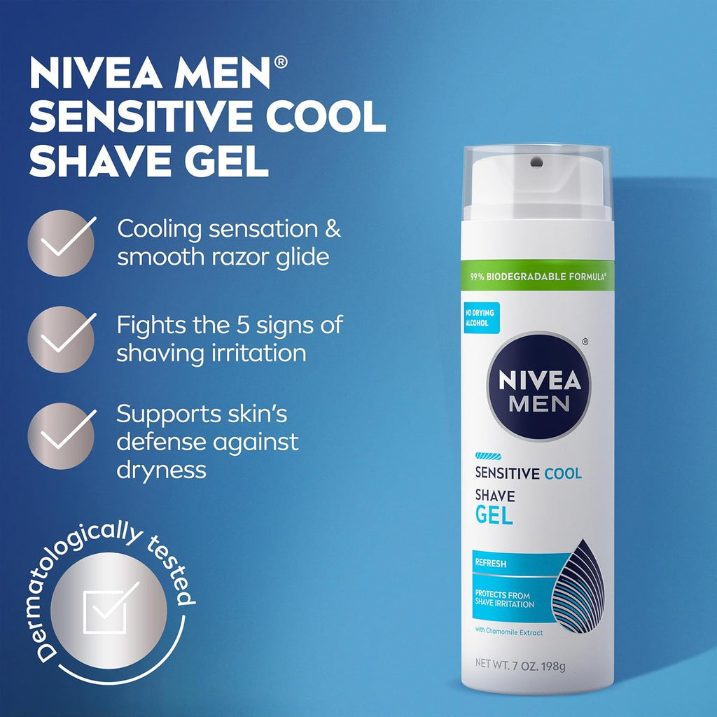 NIVEA MEN Sensitive Cool Shave Gel for Sensitive Skin, Alcohol Free Shaving Gel with Chamomile Extract, 7 Oz Can, Pack of 3