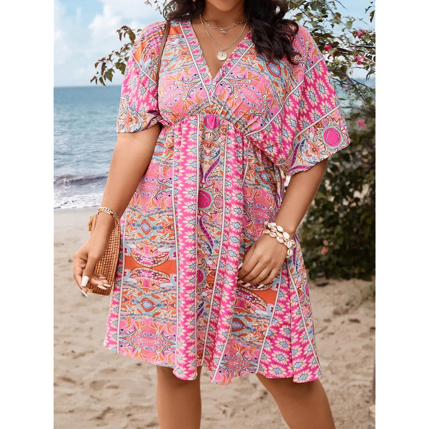 Floerns Women'S Plus Size Summer Vacation Wrap V Neck Short Sleeve Ruffle Hem A Line Hawaiian Short Dress