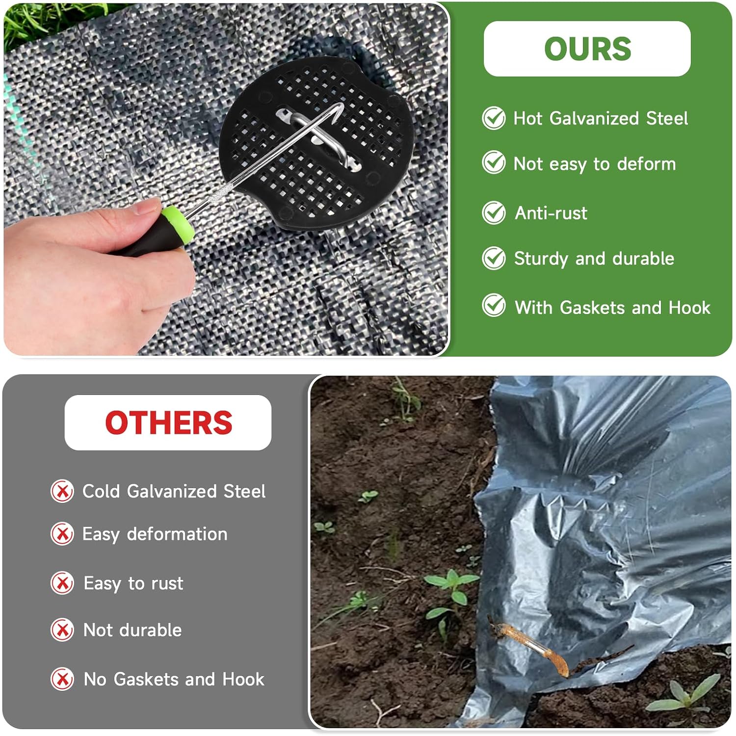 Jelner Garden Stakes,6 Inch 11 Gauge 50Pcs Galvanized Landscape Staples + 50Pcs Gaskets + 1Pick Hook,Tent Stakes Landscaping Fabric Sod Pins For Weed Fabric Barrier,Groud Cover,Fence