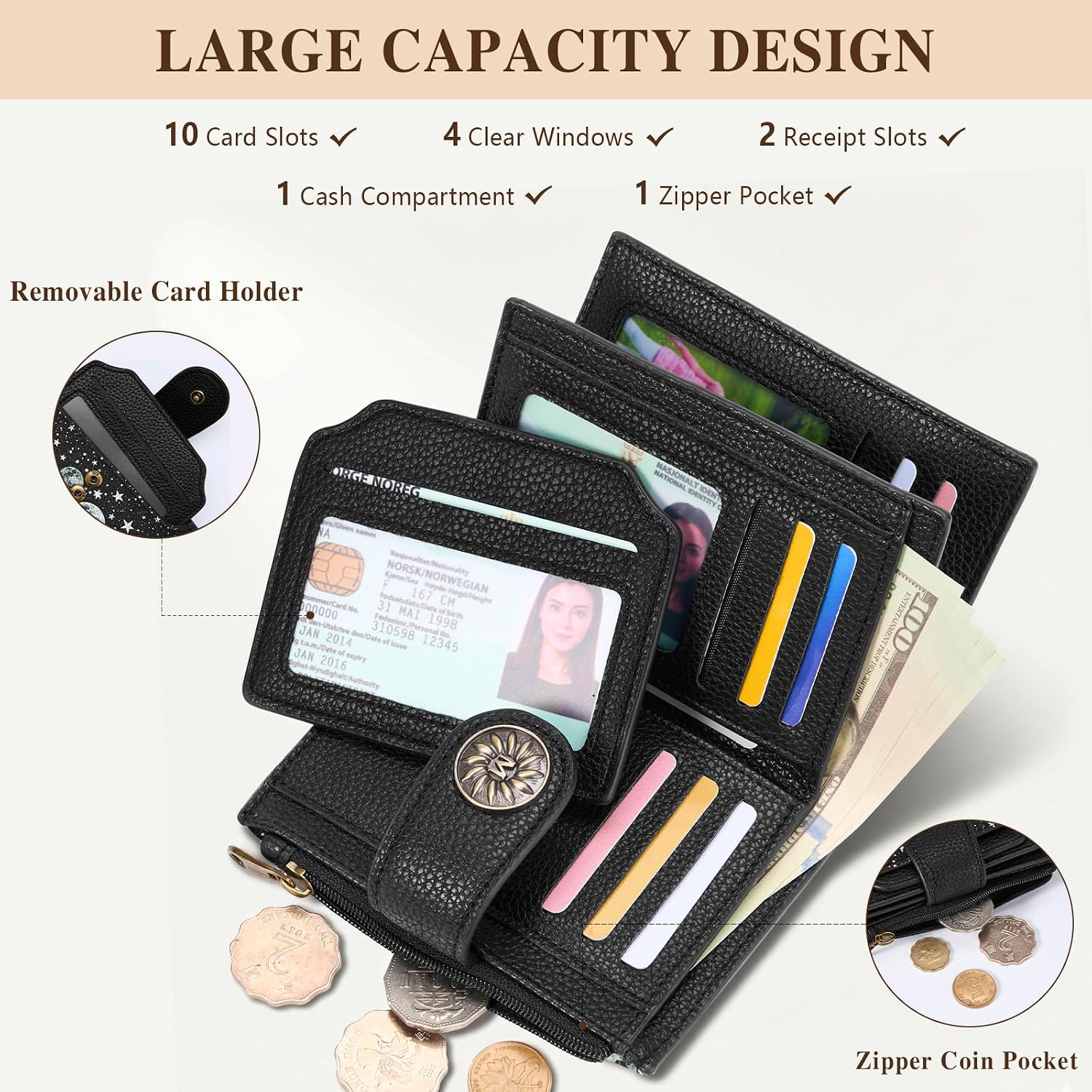 Celestial Moon Small Rfid Wallet Women, Pu Leather Bifold Zipper Coin Pocket Compact Cash Credit Card Holder Purse, Cute Travel Wallet For Female Ladies Teen Girls, 4 Id Window 14 Card Slots