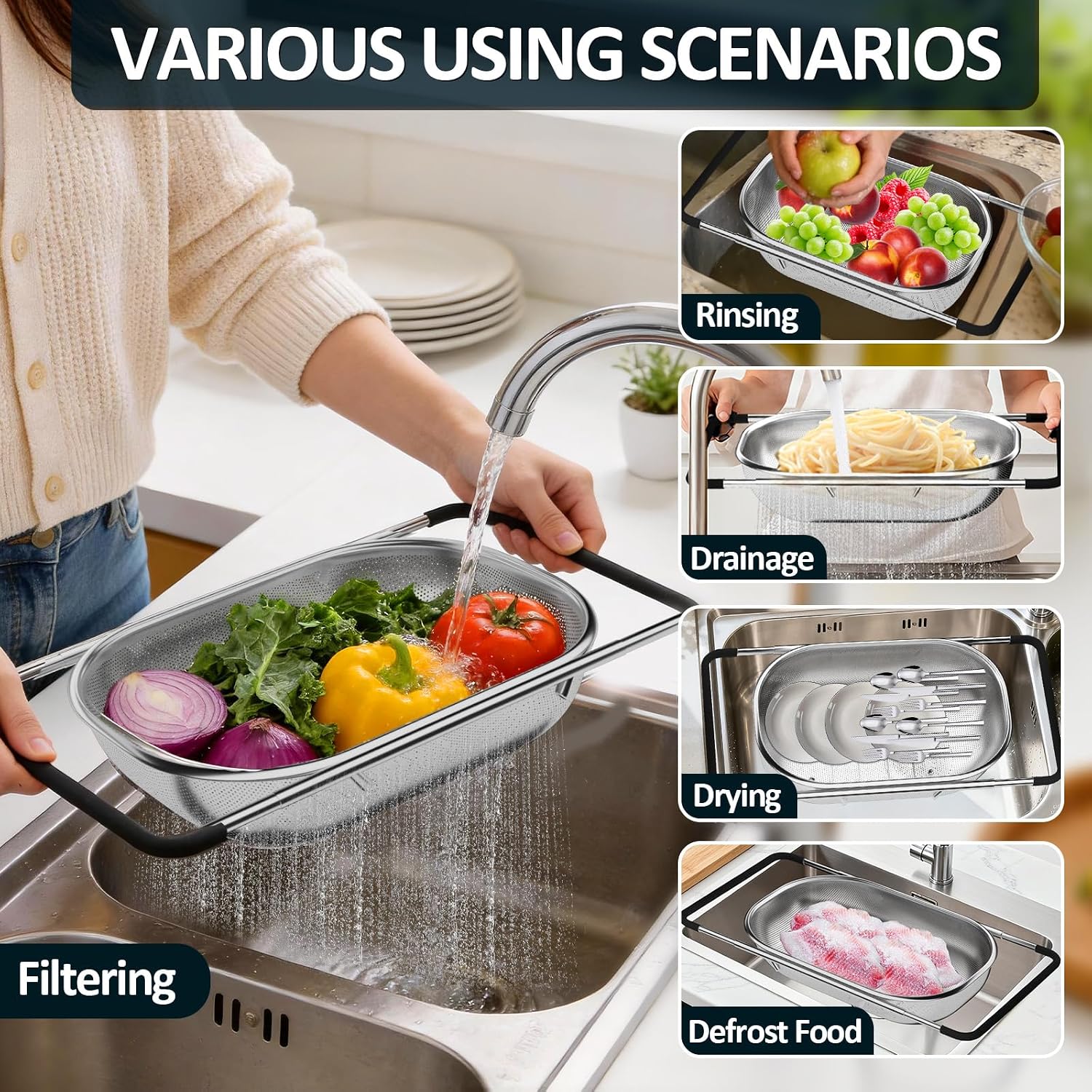 Over The Sink Colander - Strainers And Colanders - Sink Strainer Basket - Expandable Fine Mesh Strainer With Rubber Grip For Veggie, Fruits, Pasta, Home Kitchen Essentials (9.5W X 13.4-21.3L X 3.3H)