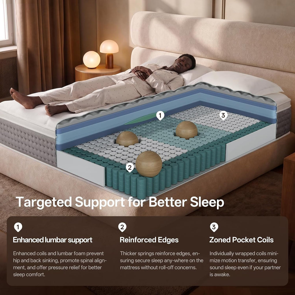 Queen Mattress, 12 Inch Cooling Hybrid, Gel Memory Foam With Pocket Coils, Medium Firm, Motion Isolation, Pressure Relief, Certipur-Us Mattress