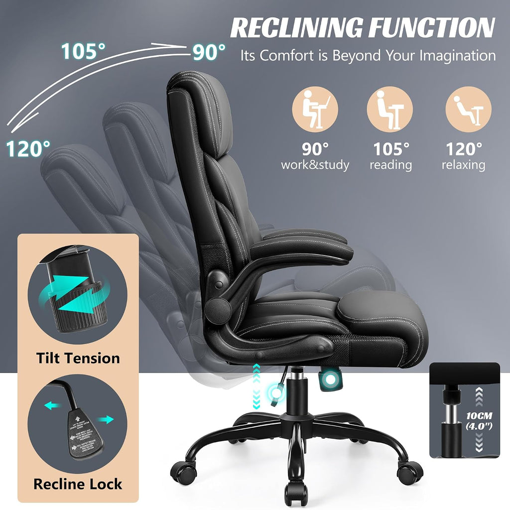 Office Chair, Ergonomic Big And Tall Computer Desk Chairs, Executive Breathable Leather Chair With Adjustable Flip-Up Armrests, Lumbar Support Swivel Pc Chair With Rocking Function,Matte Black