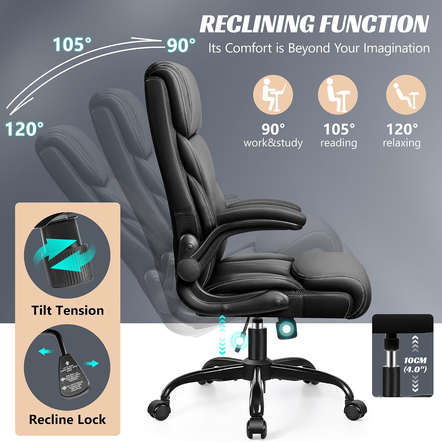 Office Chair, Ergonomic Big And Tall Computer Desk Chairs, Executive Breathable Leather Chair With Adjustable Flip-Up Armrests, Lumbar Support Swivel Pc Chair With Rocking Function,Matte Black