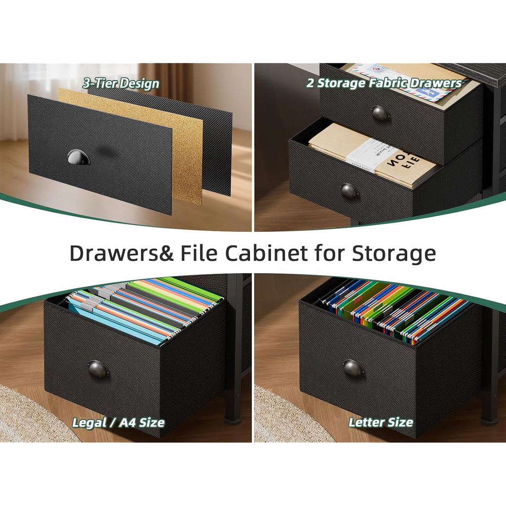 Furologee 63" L Shaped Desk With Power Outlets & Usb-C Port, Reversible Corner Computer Desk With 3 Fabric Drawers, Hooks, Large Home Office Desk For Gaming, Writing, Work, Black
