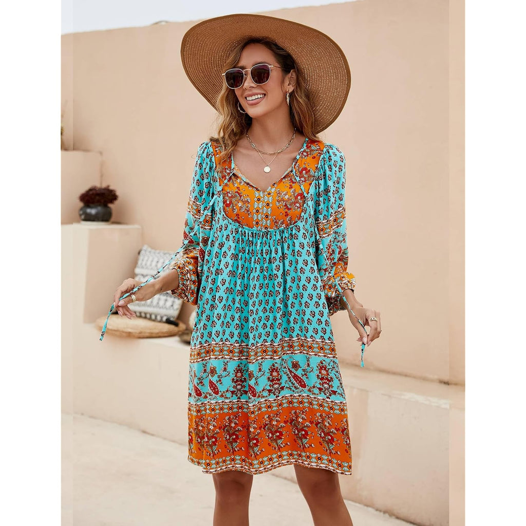 Bluetime Women Casual Summer Dress Boho V Neck 3/4 Sleeve Babydoll Floral Print Flowy Beach Dress