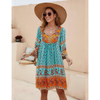 Bluetime Women Casual Summer Dress Boho V Neck 3/4 Sleeve Babydoll Floral Print Flowy Beach Dress