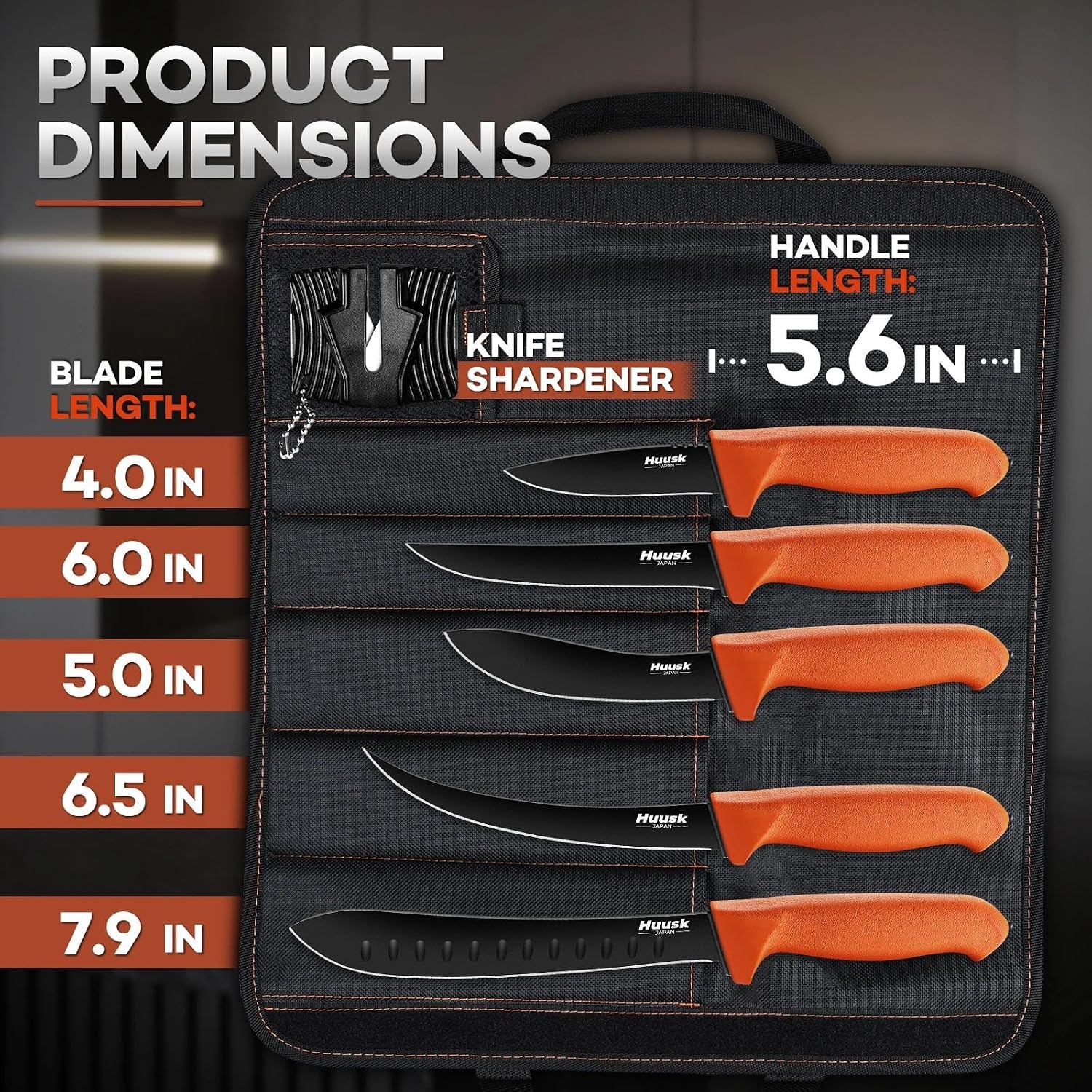 Huusk 5Pcs Butcher Knife Set - Professional Meat Processing Kit With Non-Slip Orange Handle, German Stainless Steel Granton Butcher, Skinning, Curved Boning, Caping Knife With Roll Bag Gift For Men