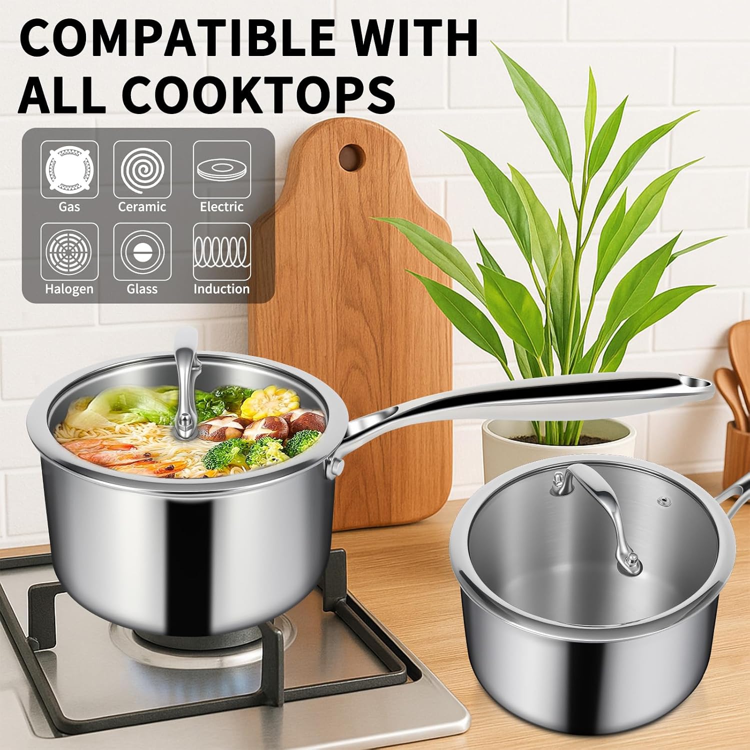 Ewfen 3 Ply Stainless Steel Saucepan With Lid, 3 Quart Multipurpose Cooking Pot, Stay-Cool Handle, Induction Oven Dishwasher Safe, 3 Qt