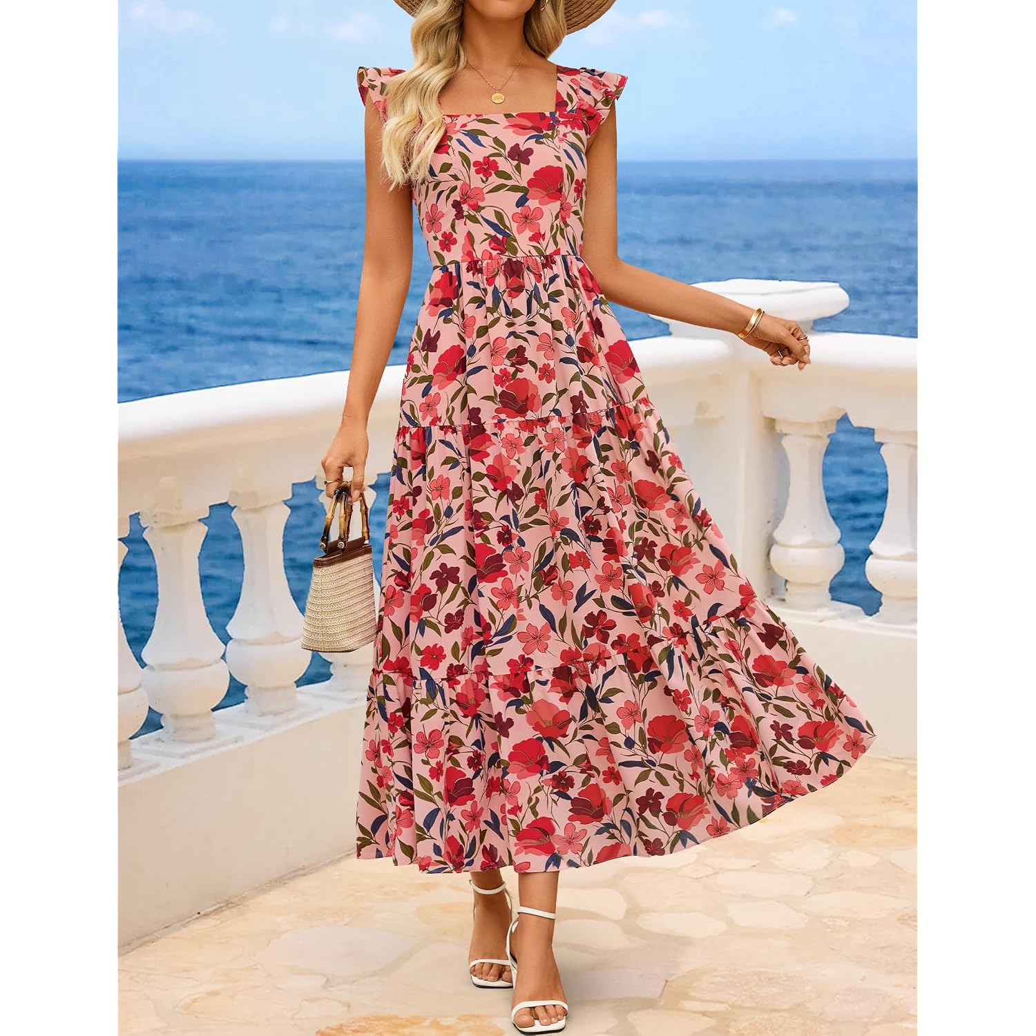Zesica Women'S Summer Boho Floral Midi Dress 2026 Casual Ruffle Cap Sleeve Beach Wedding Guest Flowy Tiered Long Dresses