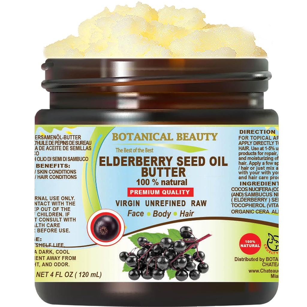 Botanical Beauty Elderberry Seed Oil Butter 100% Natural Pure Virgin Unrefined Raw For Face, Skin, Body, Hair, Nails, Dry Skin. Elderberry Oil, Coconut Butter, Vitamin E