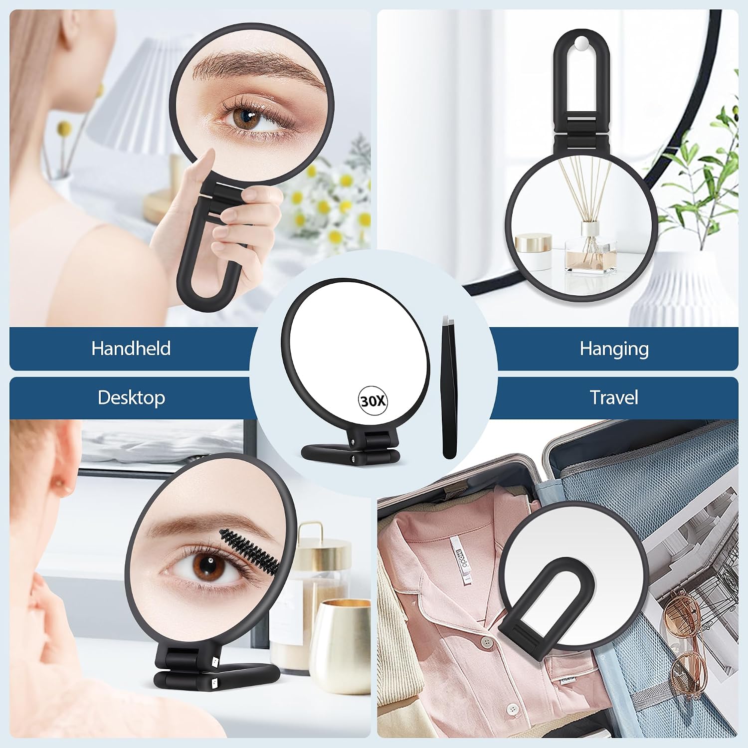 30X Magnifying Mirror, Hand Mirror With Handle, Double Sided Hand Mirror With 30X/1X Magnification, Travel Essential Portable Foldable Makeup Mirror For Precision Makeup Black