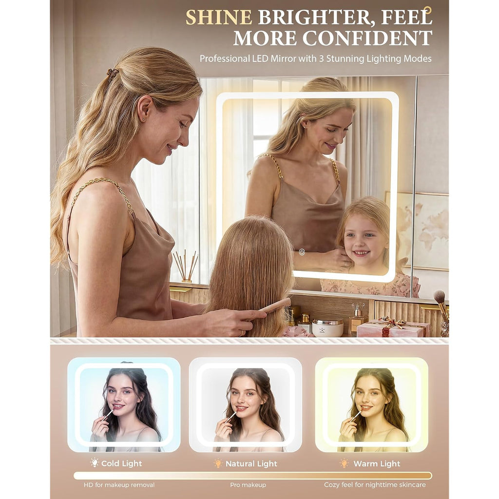 Comhoma Vanity Desk With 3-Way Mirror And Lights, Makeup Vanity With 360° View Mirror, 3 Lighting Modes, 6 Drawers,Storage Cabinet Fluted Wood Vanity Table With Jewelry Hook For Women Girls