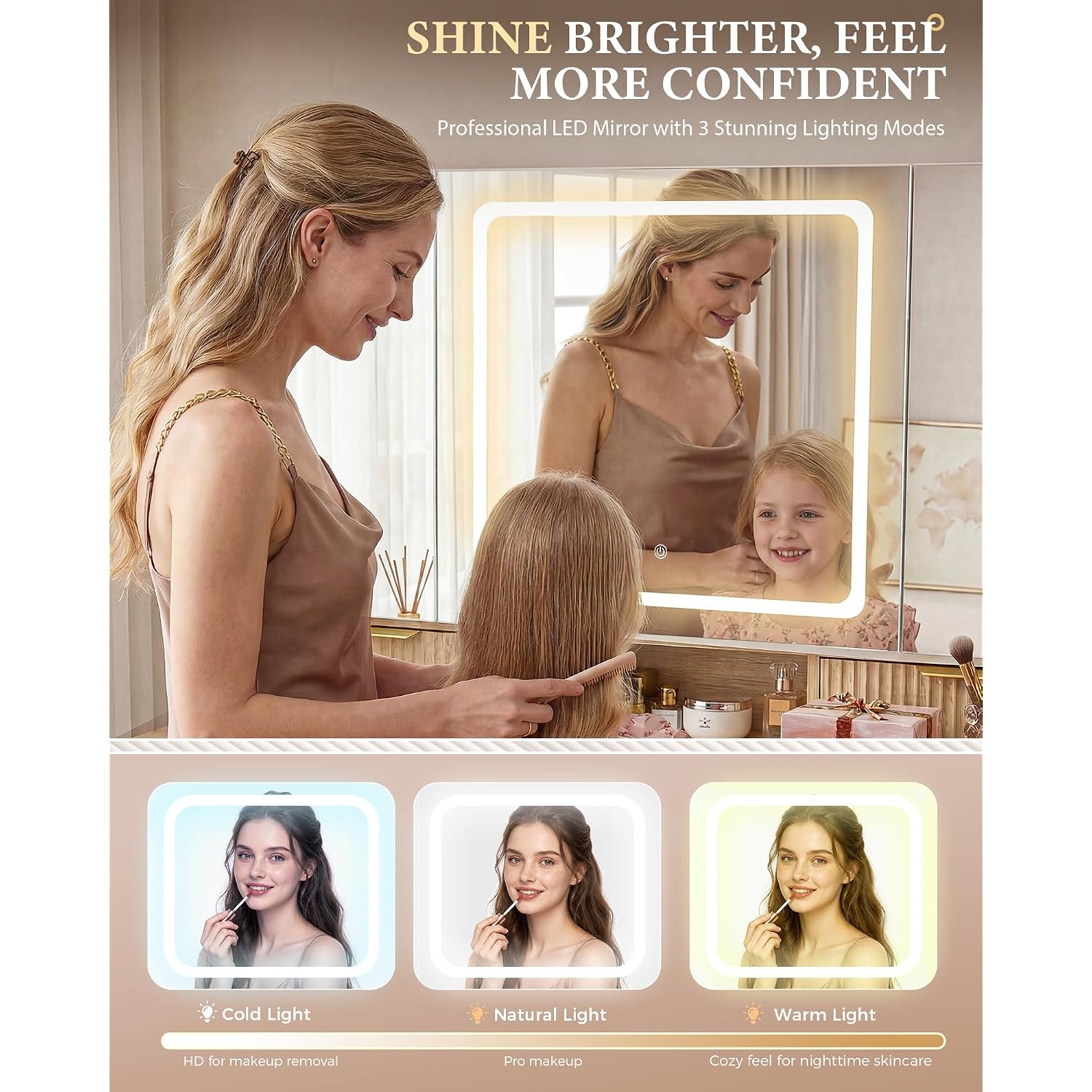 Comhoma Vanity Desk With 3-Way Mirror And Lights, Makeup Vanity With 360° View Mirror, 3 Lighting Modes, 6 Drawers,Storage Cabinet Fluted Wood Vanity Table With Jewelry Hook For Women Girls
