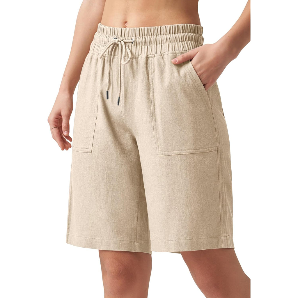 Women's Linen Shorts Casual Bermuda Long Linen Shorts High Waisted Comfy Summer with Pockets 5" 10"