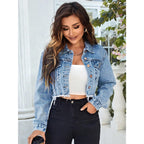 Floerns Women'S Raw Hem Long Sleeve Button Down Pocket Cropped Denim Jean Jacket