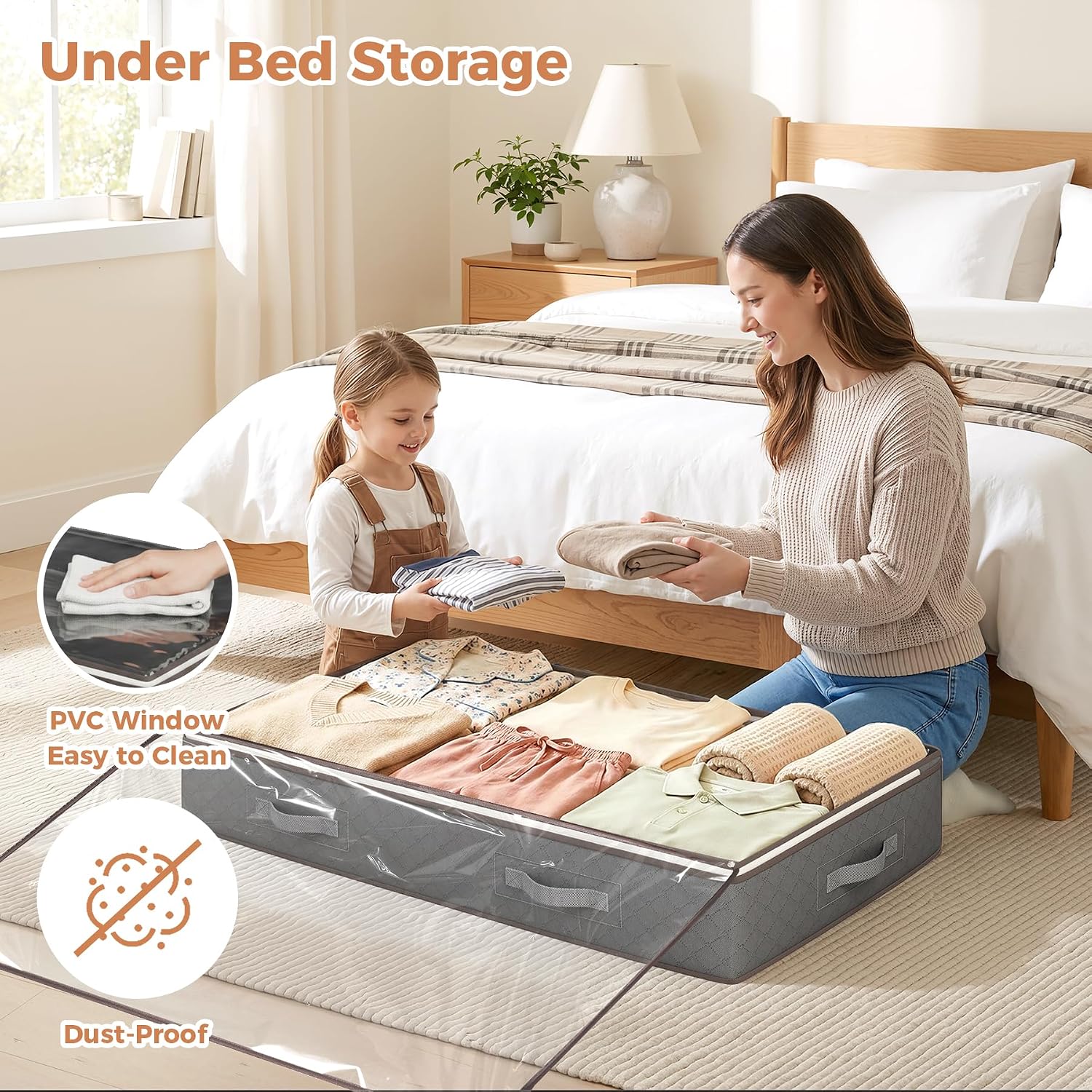90L Under Bed Storage Containers, 4 Pack Closet Organizers Grey | Foldable Underbed Storage Bins For Linen Sheets, Blanket, Clothing, Comforter, Sweaters, Pillows, Wrapping Paper