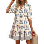 Dokotoo Casual Dresses For Women Lapel Collared V Neck Mid Sleeved Pleated Summer Dresses For Women 2026 Midi Dresses