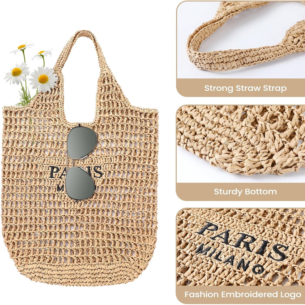 Pleneal Beach Bags for Women - Women Beach Tote Bag, Summer Mesh Hollow Straw Tote Bag for Holiday Market